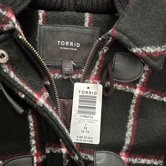 Torrid Red/Black Buffalo Plaid Hooded Toggle Coat Jacket w/ Hood Size 1X 14/16 - Picture 4 of 8